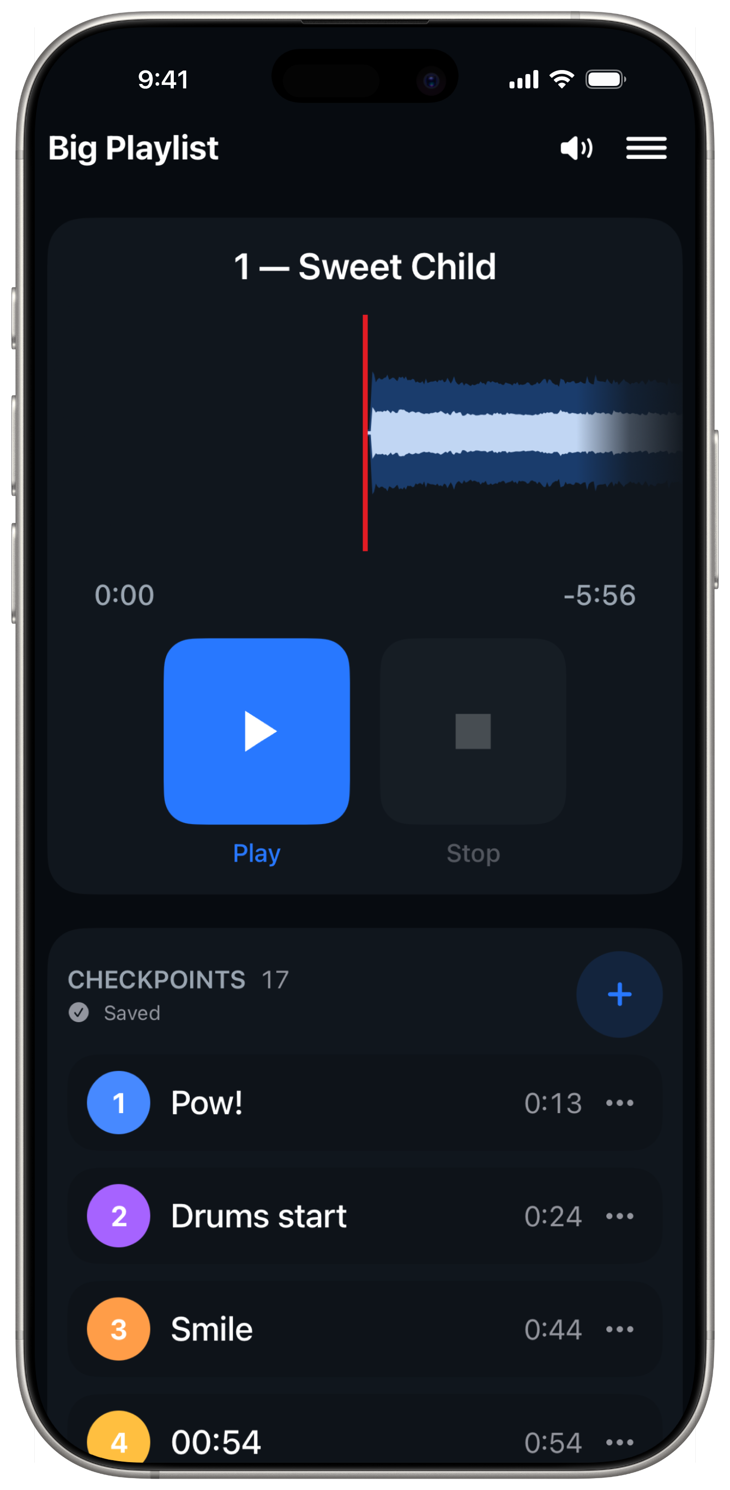 Devant Rehearsal on iPhone showing Sweet Child with a waveform and checkpoint list