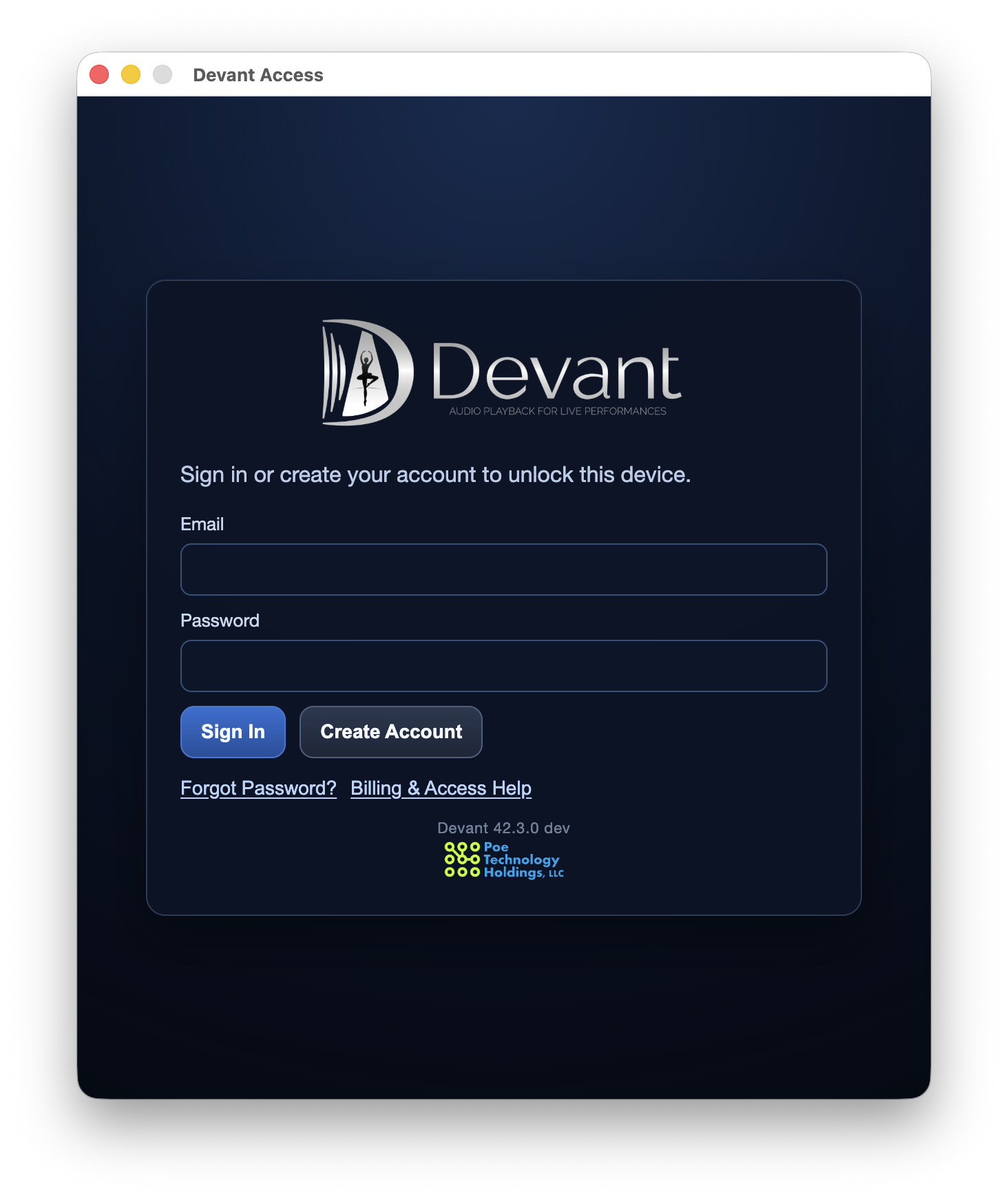Devant Access sign-in view