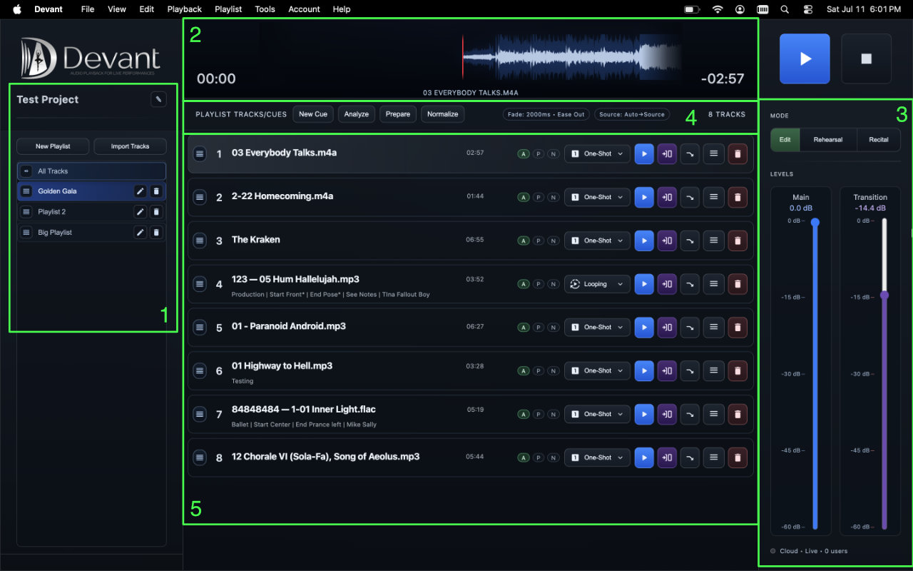 Devant main window with numbered interface callouts