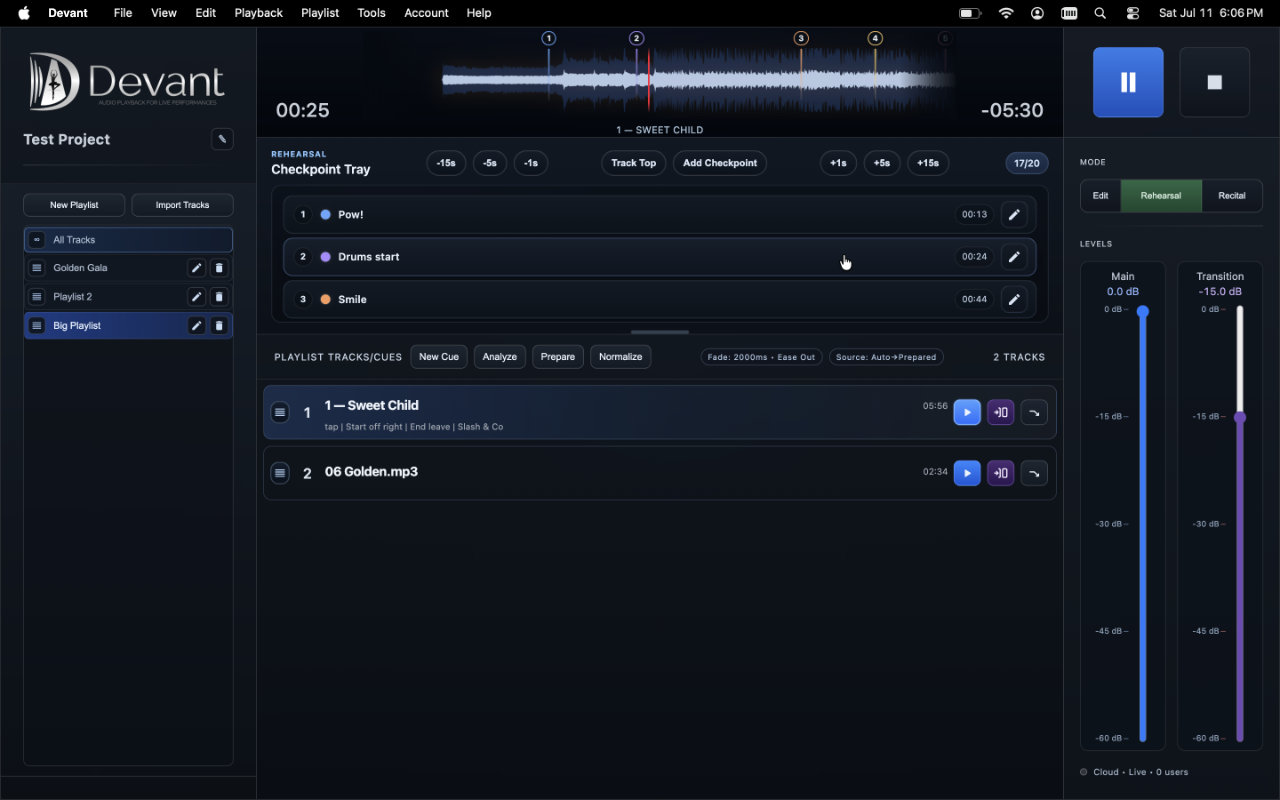 Rehearsal mode checkpoint tray and waveform