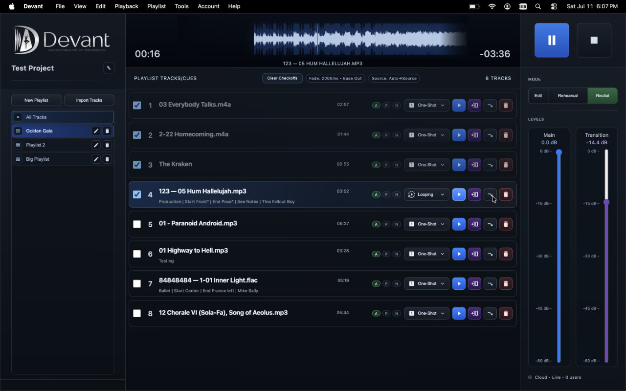 Recital mode live playback controls