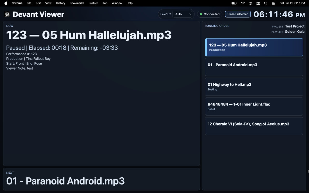 Devant Viewer with current, next, and running-order information