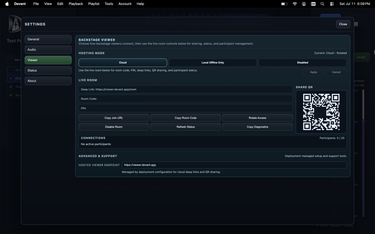 Cloud viewer settings, room code, and QR sharing