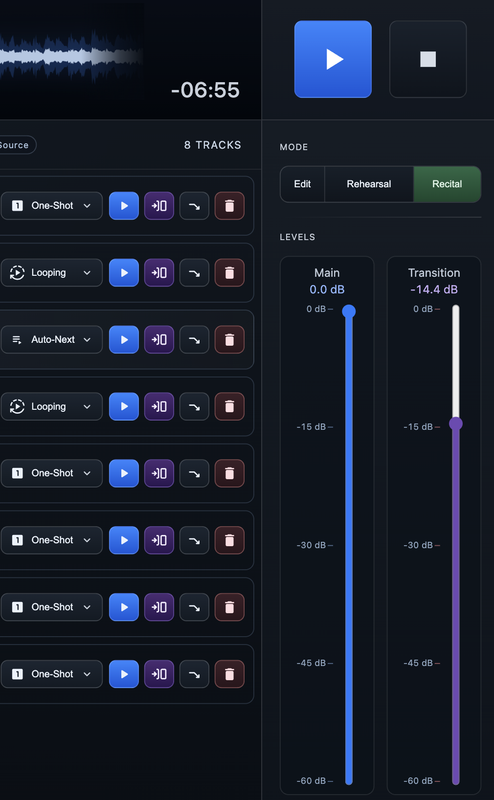 Track playback controls, transport, and level faders